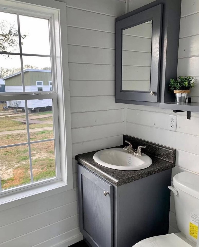 Compact bathroom corner with a white sink set in a dark countertop, gray cabinet, and a small potted plant. A window offers an outdoor view.