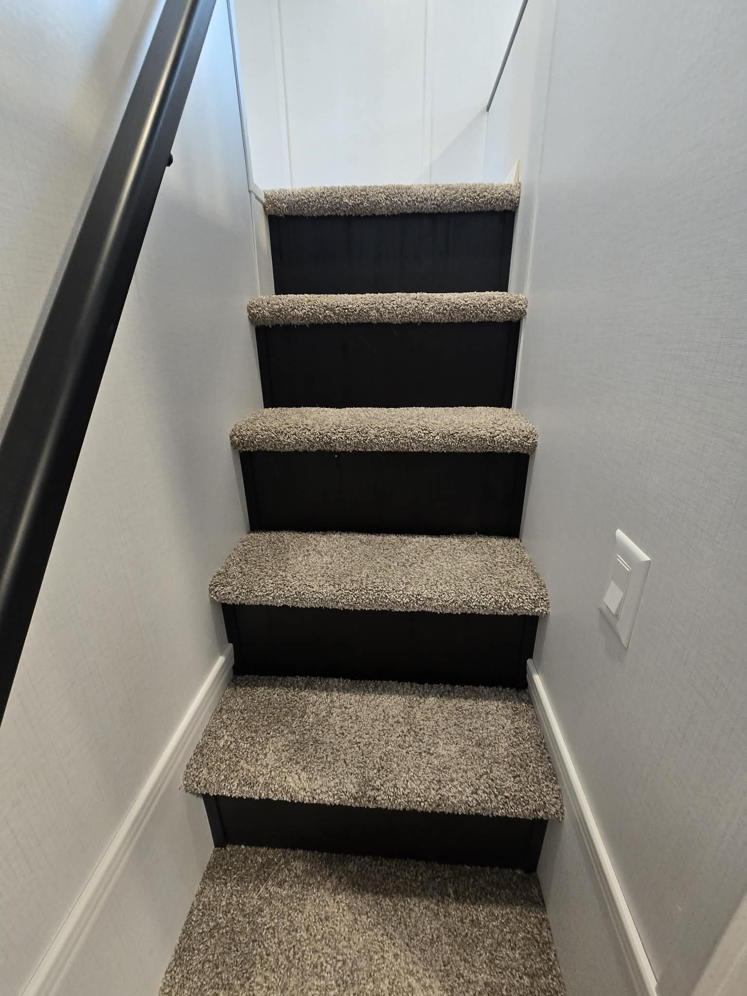 Carpeted staircase with dark wooden steps and white walls, featuring a black handrail on the left and a light switch on the right wall.