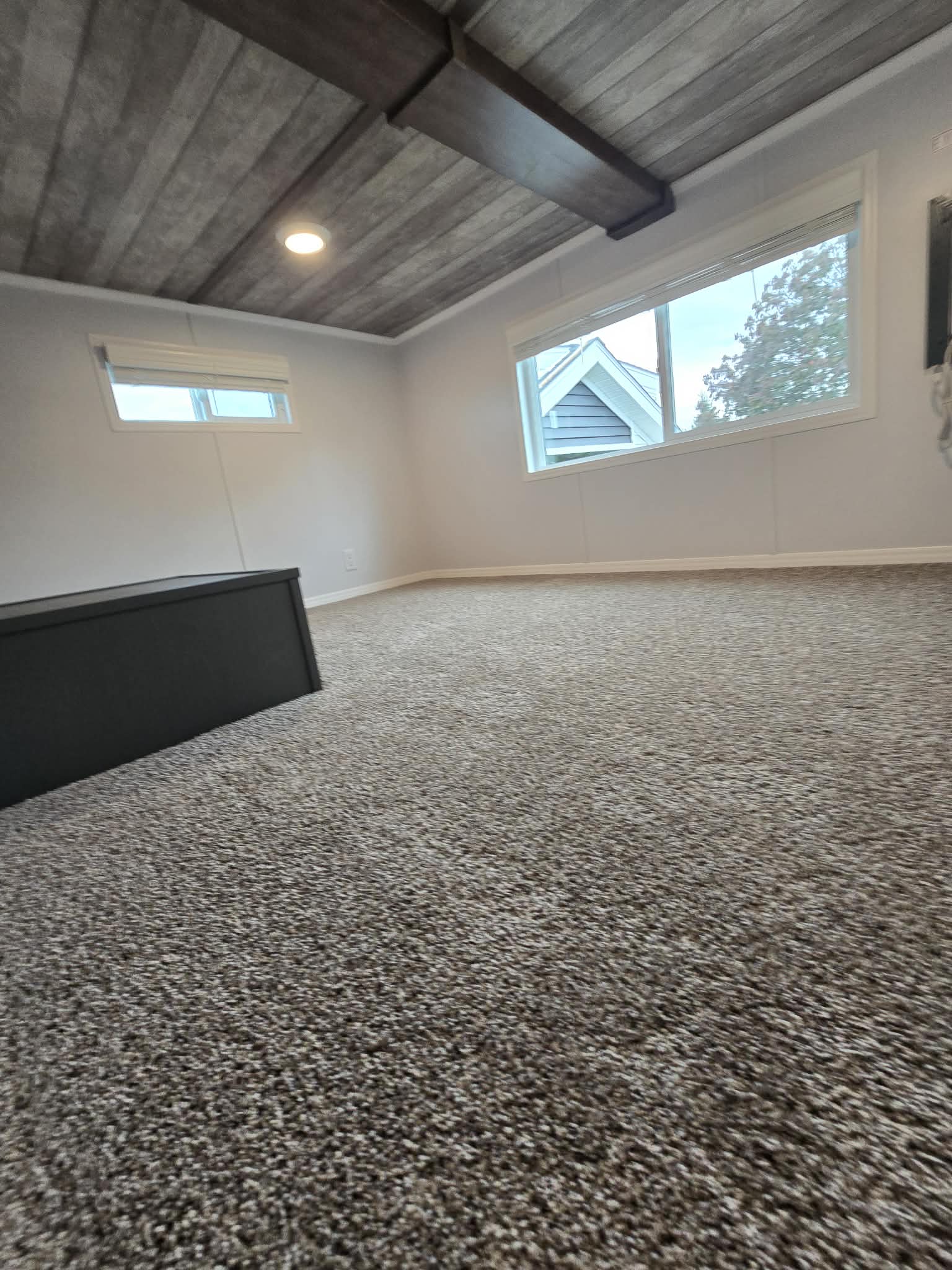 A cozy, carpeted room with light gray walls and a wood-paneled ceiling. Large windows let in natural light, creating a warm, inviting atmosphere.