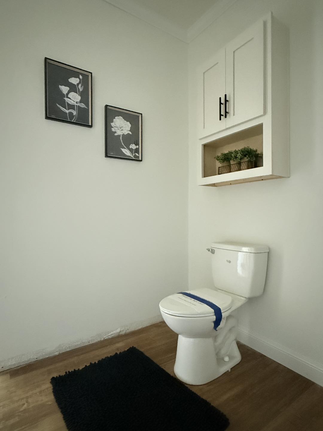 Minimalist bathroom with white walls, wooden floor, and a white toilet. Two framed floral prints hang above a dark rug. A cabinet with plants adds greenery.
