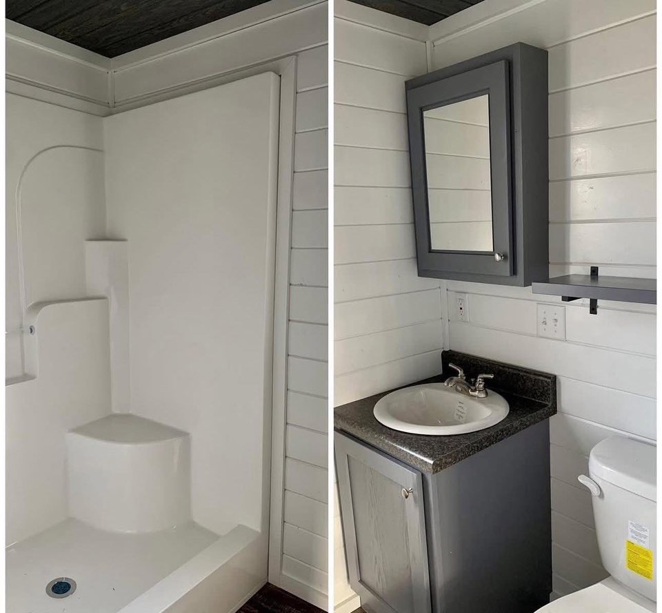 Split image of a small bathroom with white shiplap walls. Left shows a white shower with built-in seat; right side features a dark vanity, mirror cabinet, and toilet.