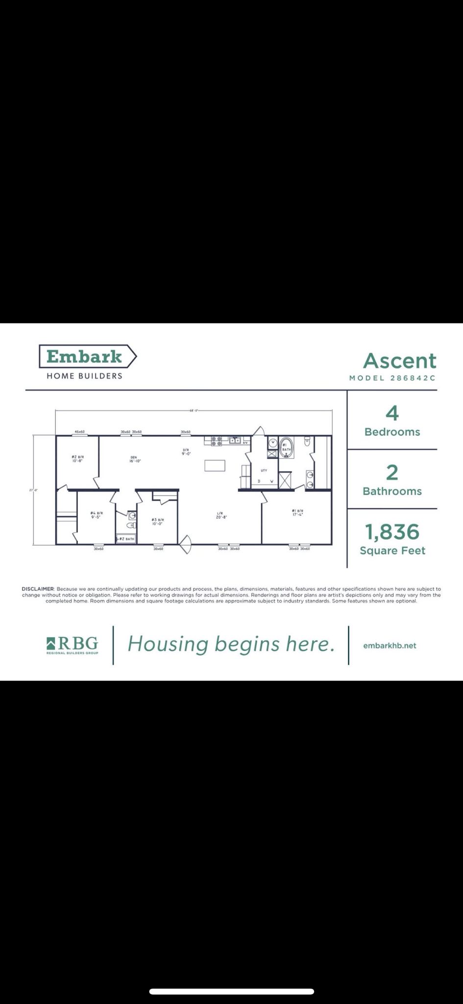 Floor plan for the "Ascent" model by Embark Home Builders, showing 4 bedrooms, 2 bathrooms, and 1,836 square feet. Includes logo and website.