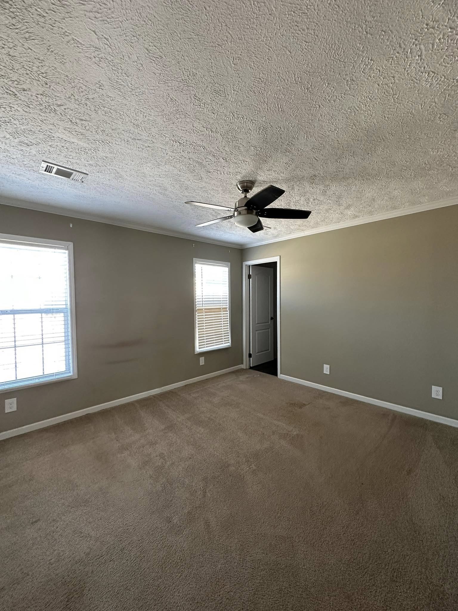 Empty beige room with carpet, ceiling fan, and two windows allowing natural light. Neutral walls and a single closed door create a calm atmosphere.
