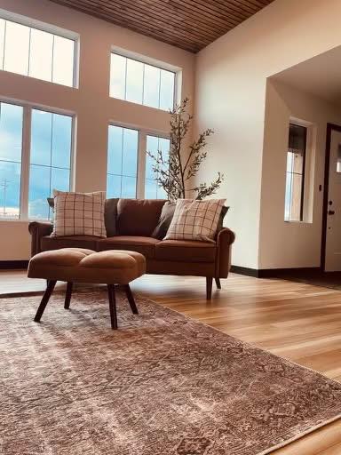 Neutral-toned living room with a brown sofa, plaid cushions, footstool, large windows, and a decorative plant, creating a serene, cozy atmosphere.