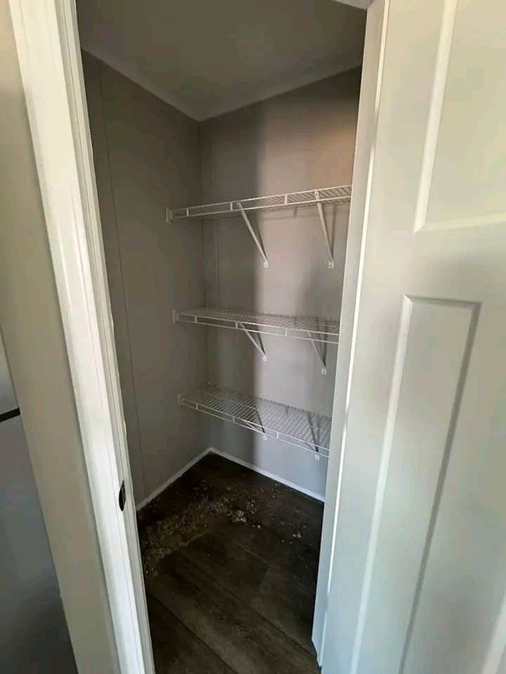 Open closet door reveals empty pantry with three white wire shelves on gray walls. The wooden floor appears dusty near the back.