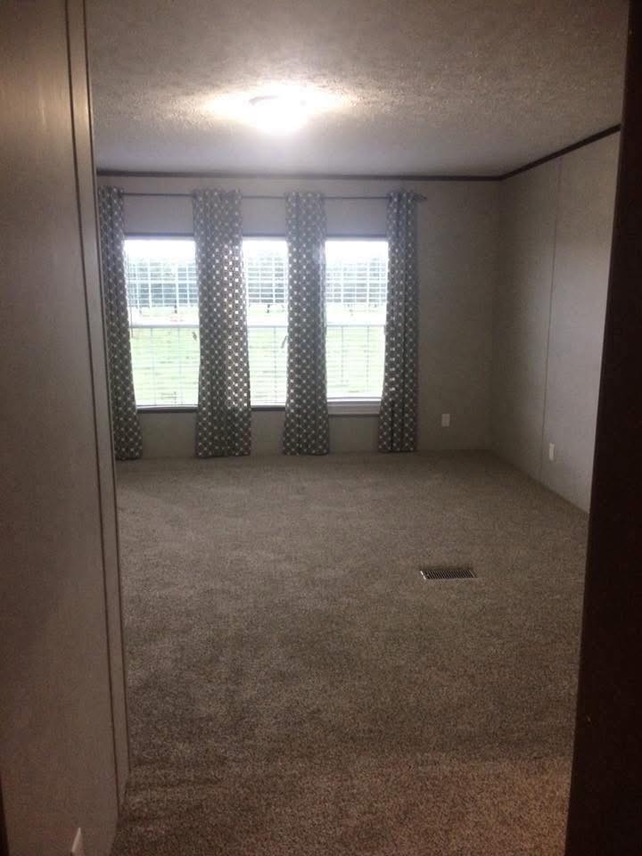 Spacious empty room with three tall windows, gray walls, and polka dot curtains. Light beige carpet covering the floor, creating a calm ambiance.