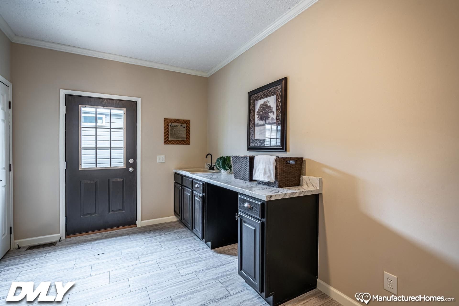 A bright utility room with beige walls features a dark wooden door with a window, a counter with marble-like surface, black cabinets, and a framed tree artwork.