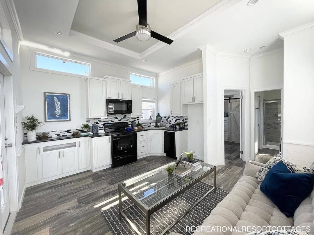 Modern open kitchen and living area with white cabinets, a black countertop, and appliances. The room features a ceiling fan, abstract artwork, and a cozy couch. Bright atmosphere with natural light.