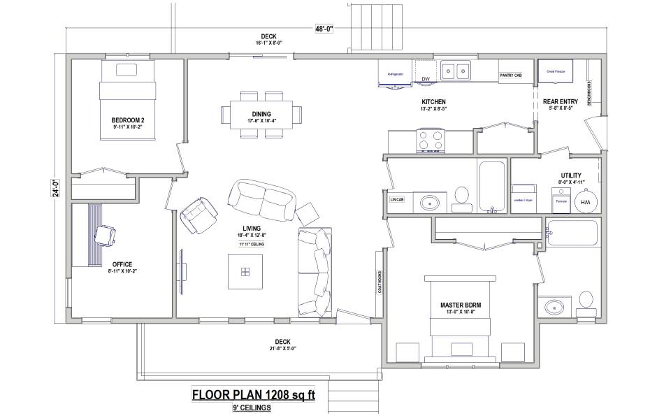 Floor plan of a 1208 sq ft house with labeled rooms. Includes a living room, dining area, kitchen, two bedrooms, office, utility room, and decks.