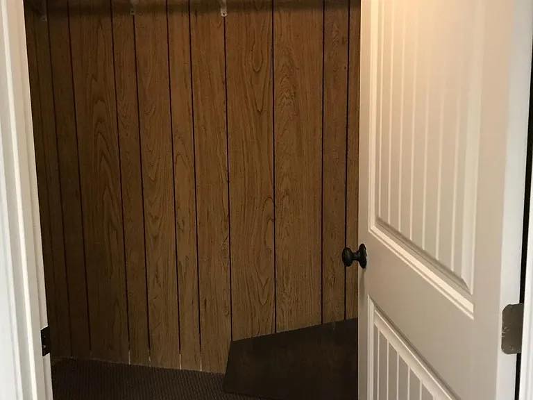 Open closet door revealing a small, empty space with wood-paneled walls and brown carpet. The lighting is dim, giving a slightly vintage feel.