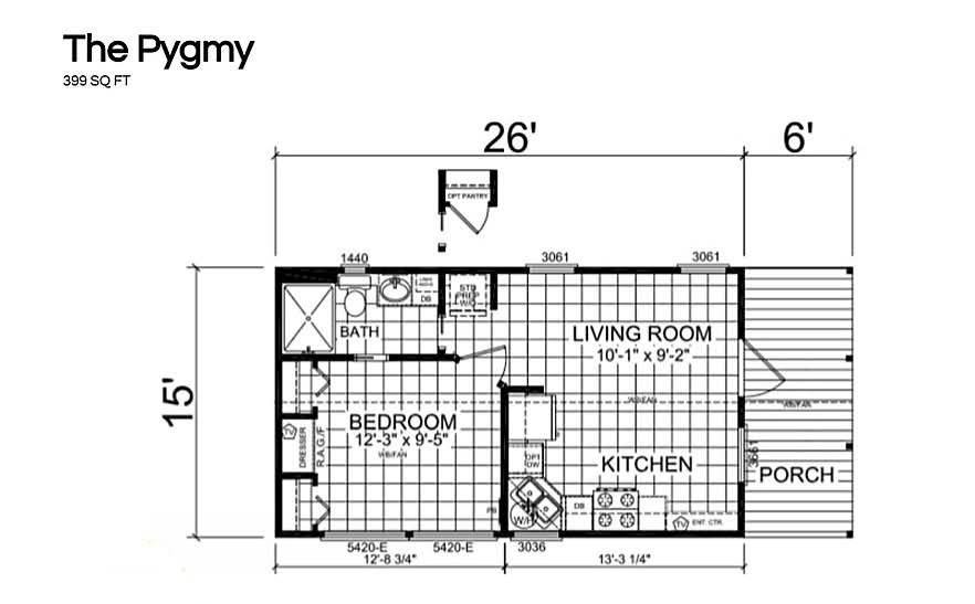 Floor plan titled "The Pygmy," 399 sq ft. Features include a bedroom, bathroom, living room, kitchen, and porch. Dimensions: 26' x 15', porch 6'.