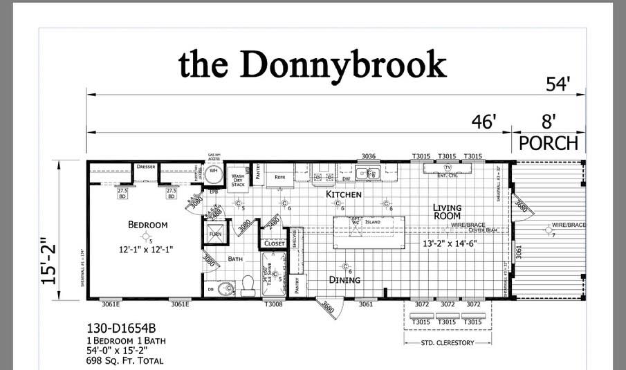Floor plan for "the Donnybrook," a 698 sq. ft. house with 1 bedroom, 1 bath. Includes a kitchen, dining, living room, and porch. Dimensions are 54'x15'2".