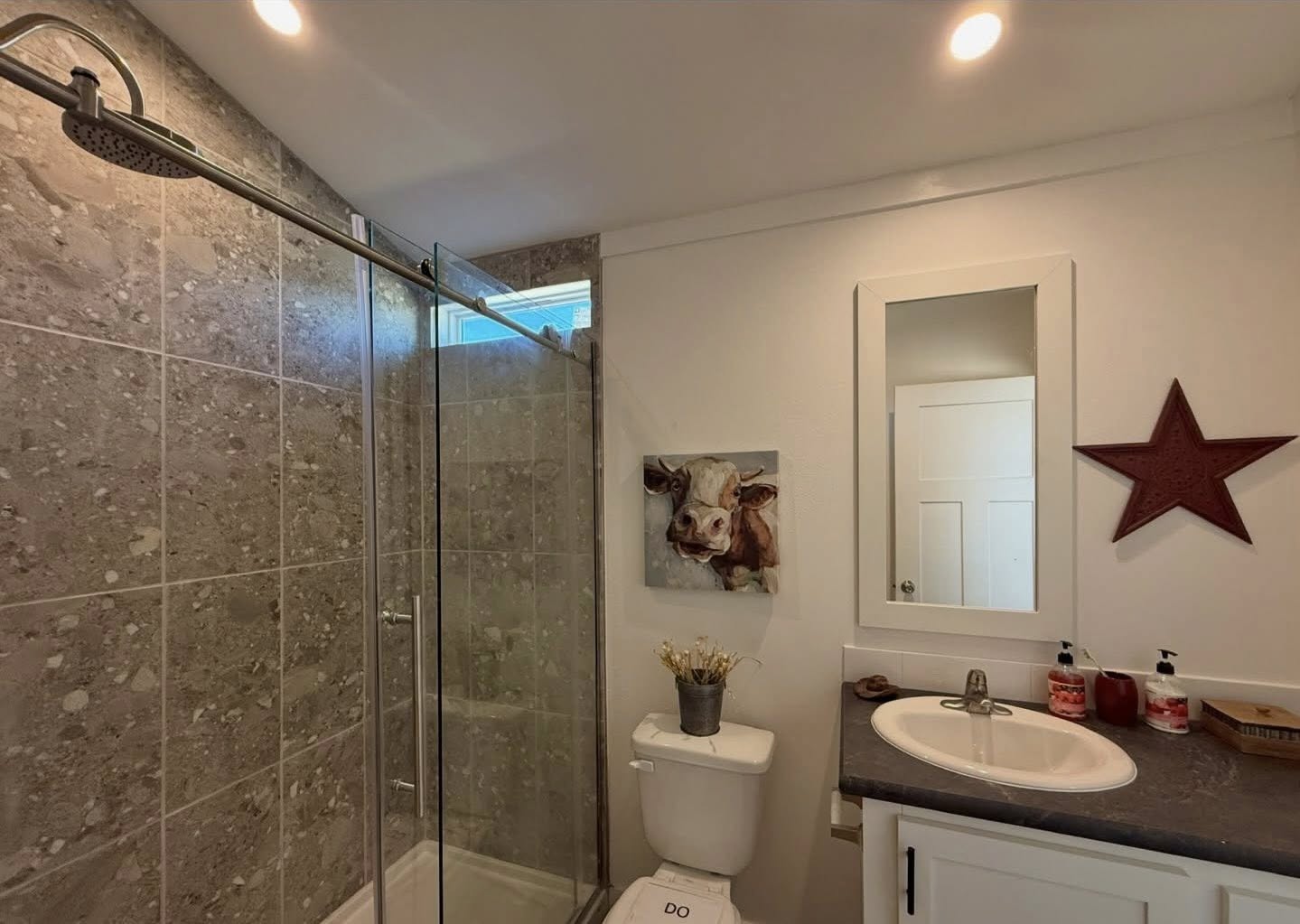 Bathroom with a glass shower on the left, cow artwork above a toilet, and a red star on the wall. Sink with soap dispensers on the right. Cozy and rustic.