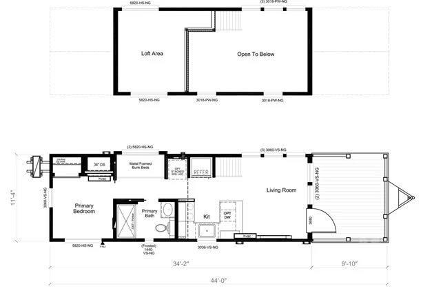 Floor plan showing a two-level layout. Main level features living room, kitchen, primary bedroom, and bath. Upper level includes a loft area and open space.