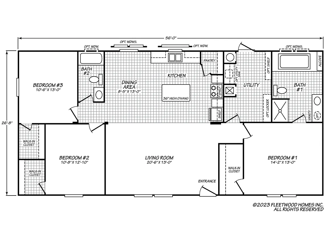 Floor plan of a house including three bedrooms, two bathrooms, a kitchen, dining area, utility room, and living room. Features walk-in closets and an entrance.