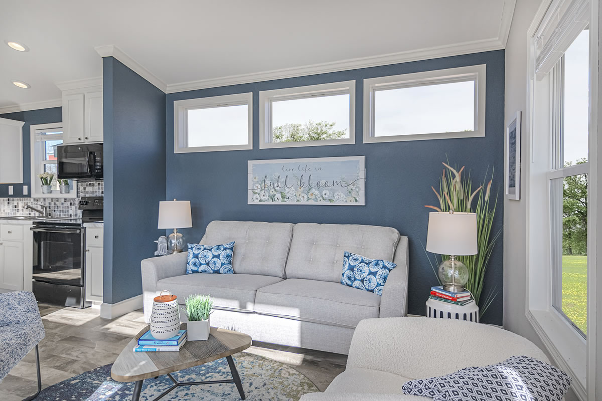 Bright living room with blue walls, featuring a gray sofa with blue patterned cushions. Large windows let in natural light. Cozy, modern decor.