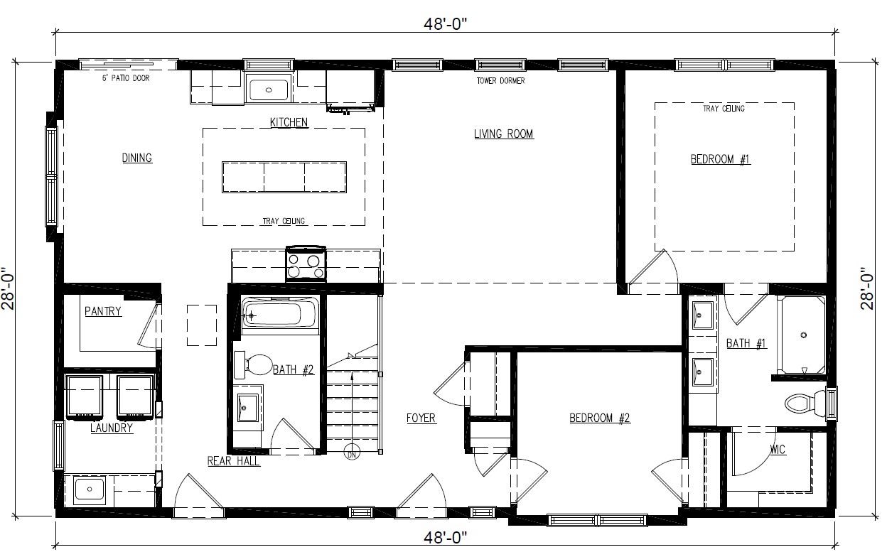 Spacious floor plan of a 48 by 28-foot house. Features include two bedrooms, two baths, a kitchen, living room, dining area, pantry, and laundry room.