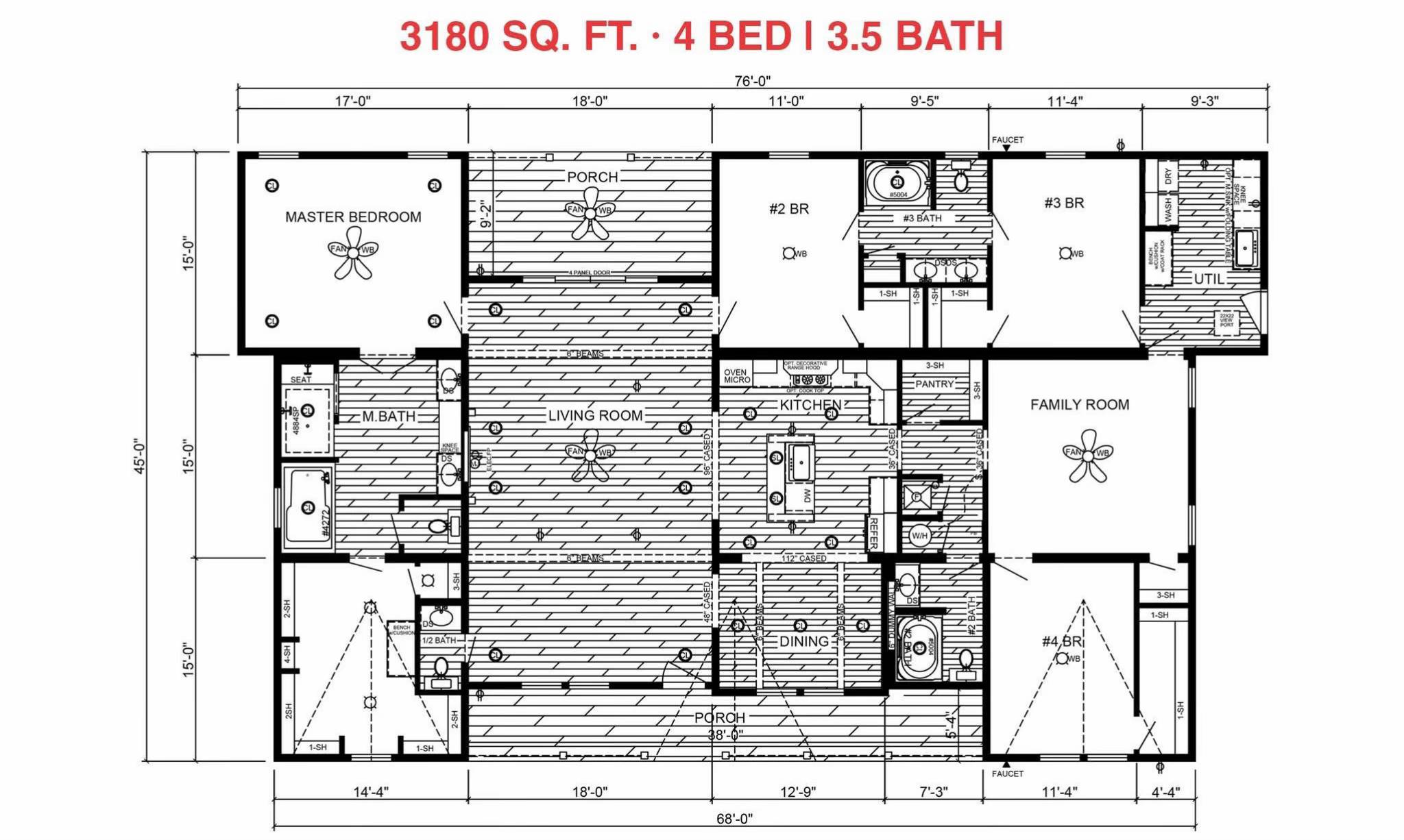 Floor plan of a 3180 sq. ft. house, featuring 4 bedrooms and 3.5 bathrooms. Layout includes living room, dining area, kitchen, family room, and porch.