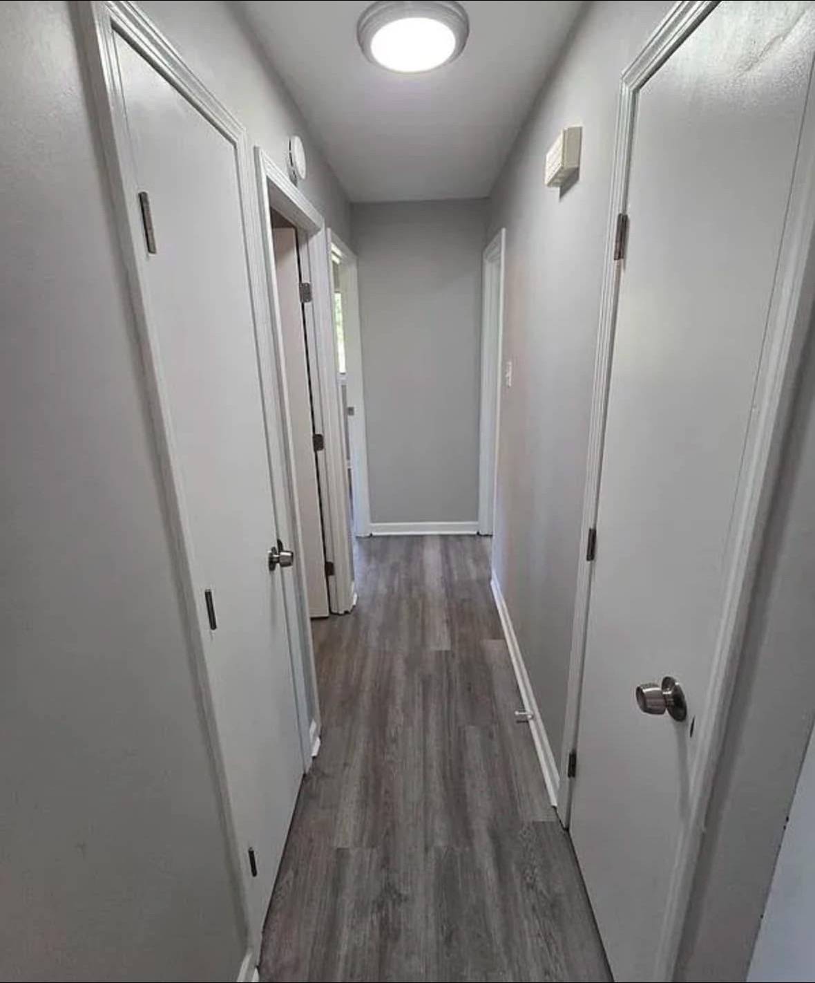 Narrow hallway with gray walls and dark wood flooring. It features multiple white doors with silver doorknobs, and a ceiling light, conveying a clean, minimalist vibe.