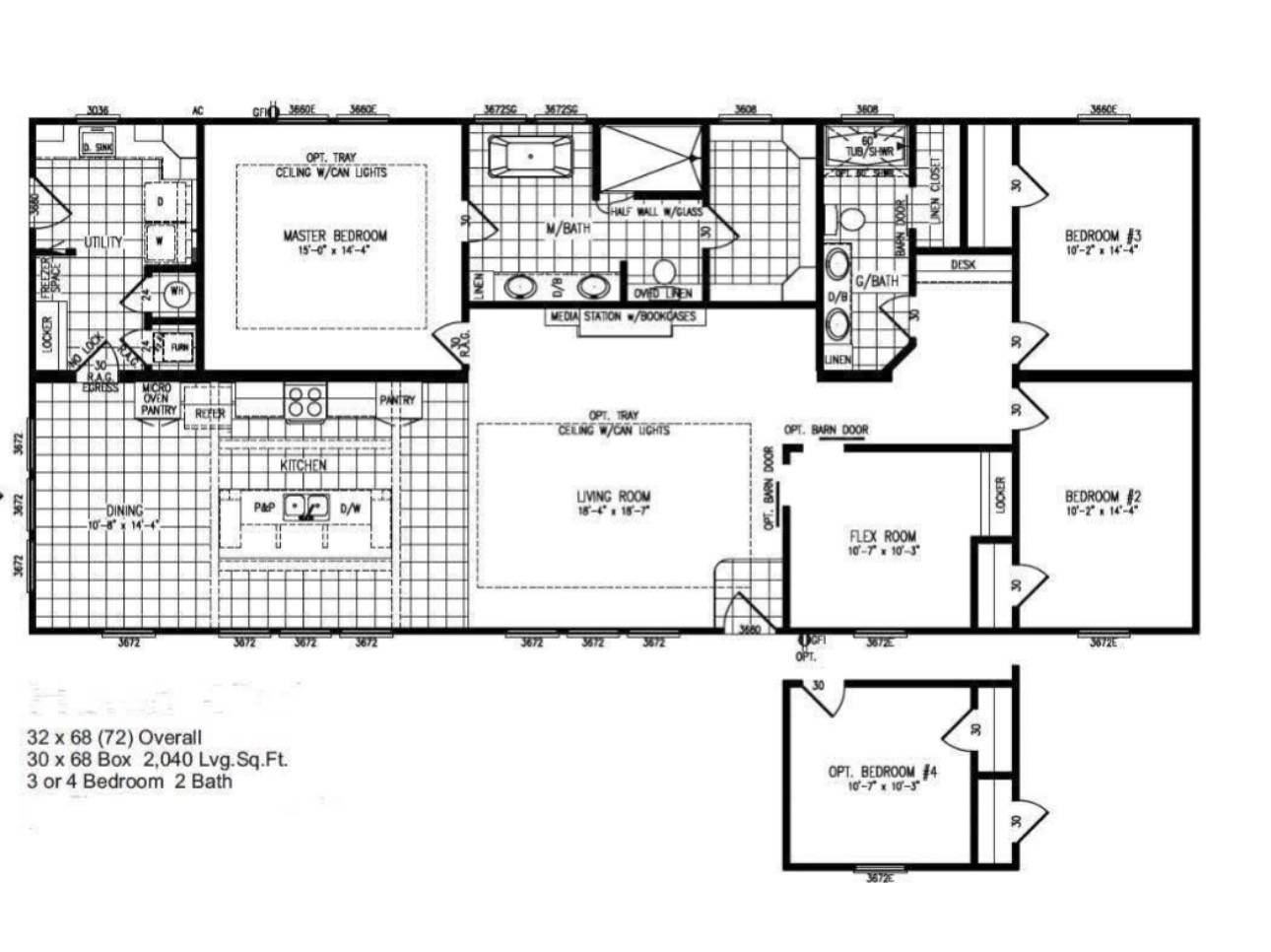 Floor plan of a house showing a layout with a master bedroom, two additional bedrooms, a flexible space, kitchen, dining area, and two bathrooms.