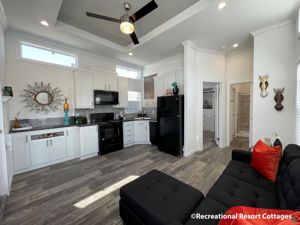 Modern kitchen and living area with white cabinets, black appliances, and gray flooring. Black sofa with red pillows in the foreground, bright and airy.