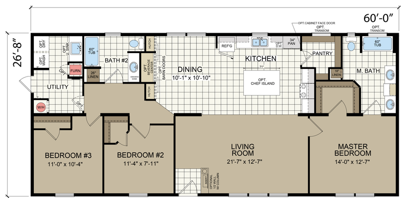 Floor plan of a single-story home, featuring three bedrooms, two baths, a living room, kitchen with pantry, dining area, and utility room.