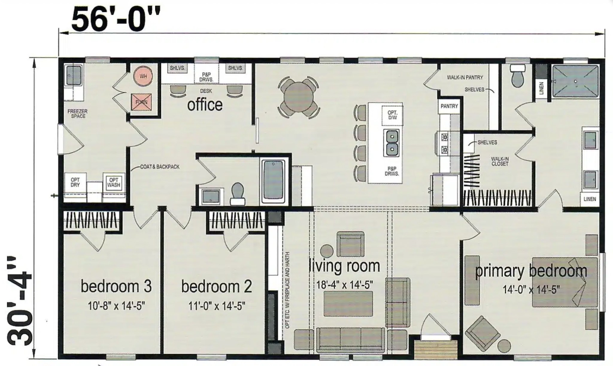 Floor plan of a rectangular home measuring 56 by 30 feet. The layout includes three bedrooms, an office, a living room, kitchen, and two bathrooms.