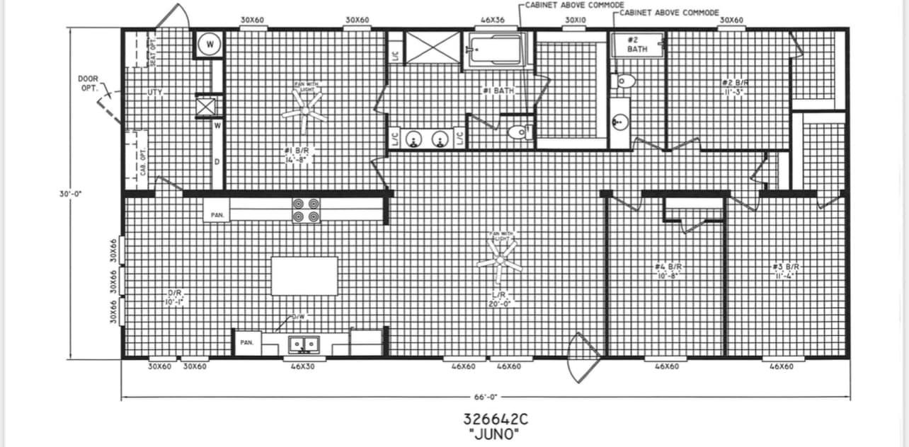 Floor plan of a house labeled "Juno," showing a large open kitchen and living area, three bedrooms, two bathrooms, and entryways.