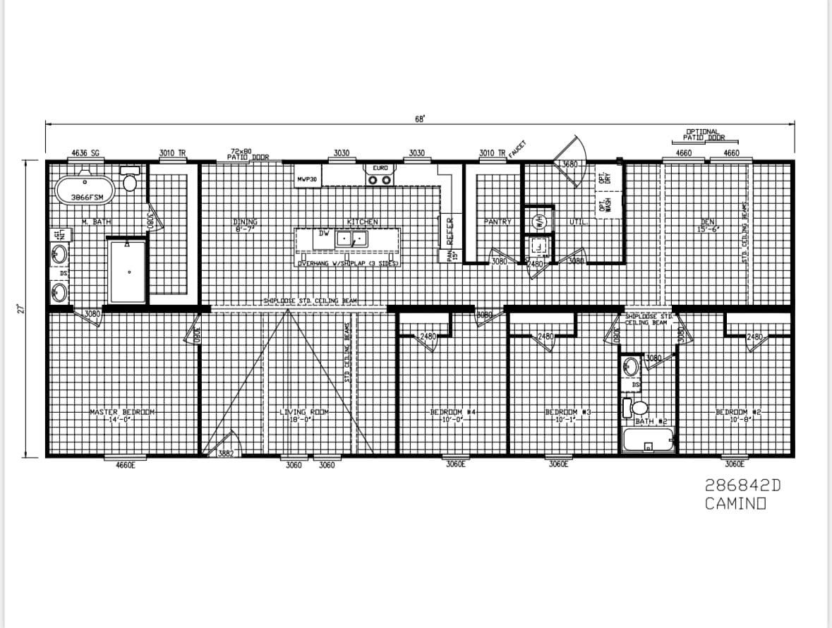Floor plan of a house with labeled rooms: kitchen, dining, living room, master bedroom with en-suite, two bedrooms, bath, utility, and pantry.