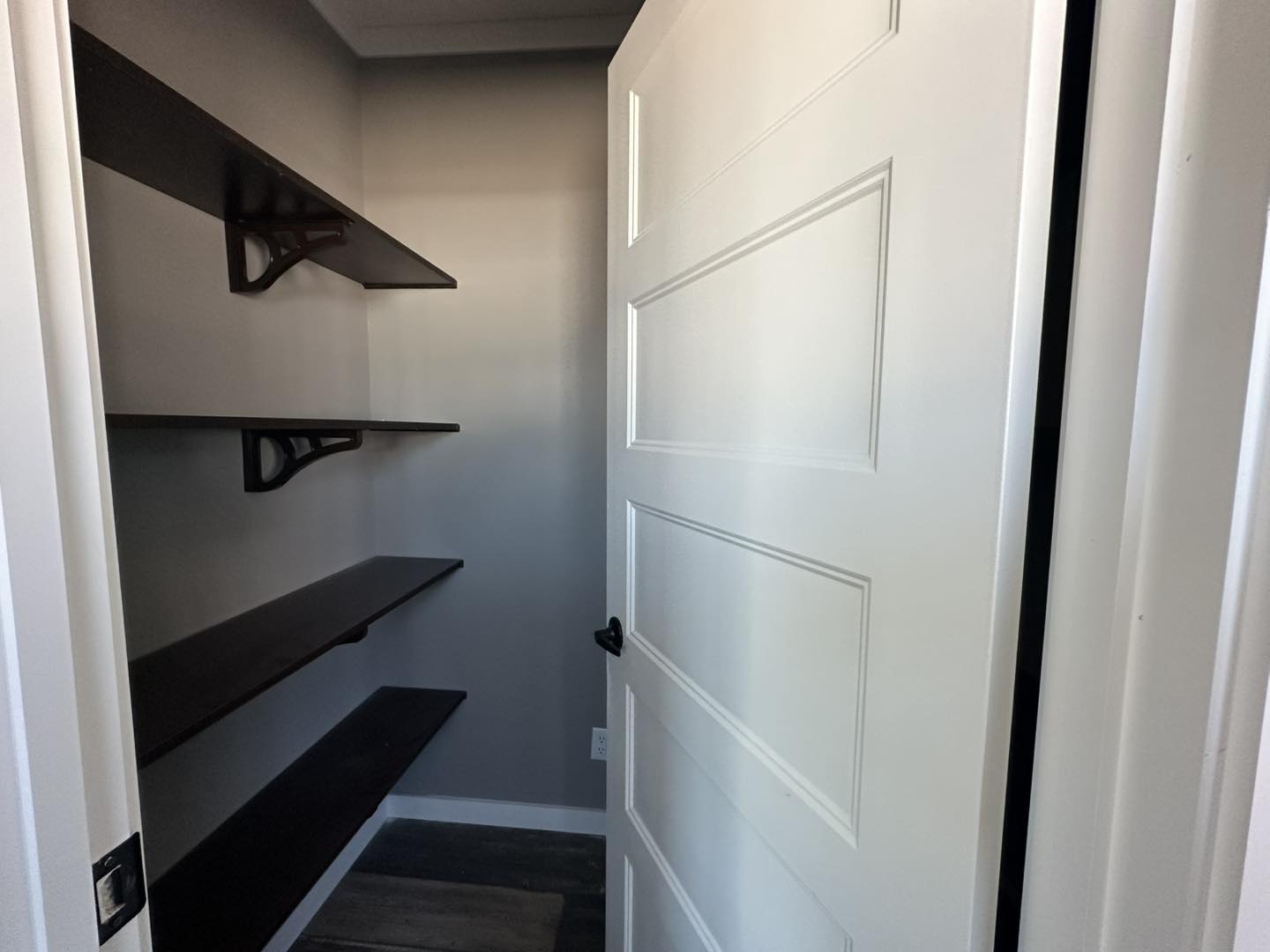 White open door leads to a small, empty closet with three dark wooden shelves on gray walls. The scene is minimalistic and orderly.