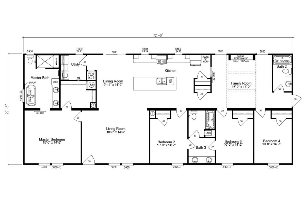Floor plan of a single-story house featuring a master bedroom with en-suite, three additional bedrooms, three bathrooms, kitchen, dining, family, and living rooms.