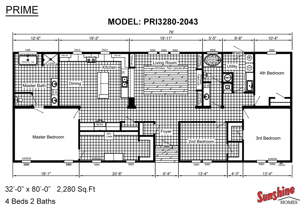 Floor plan of a 2,280 sq. ft. house model PRI3280-2043. Features 4 bedrooms, 2 baths, kitchen, living room, dining area, and utility room.