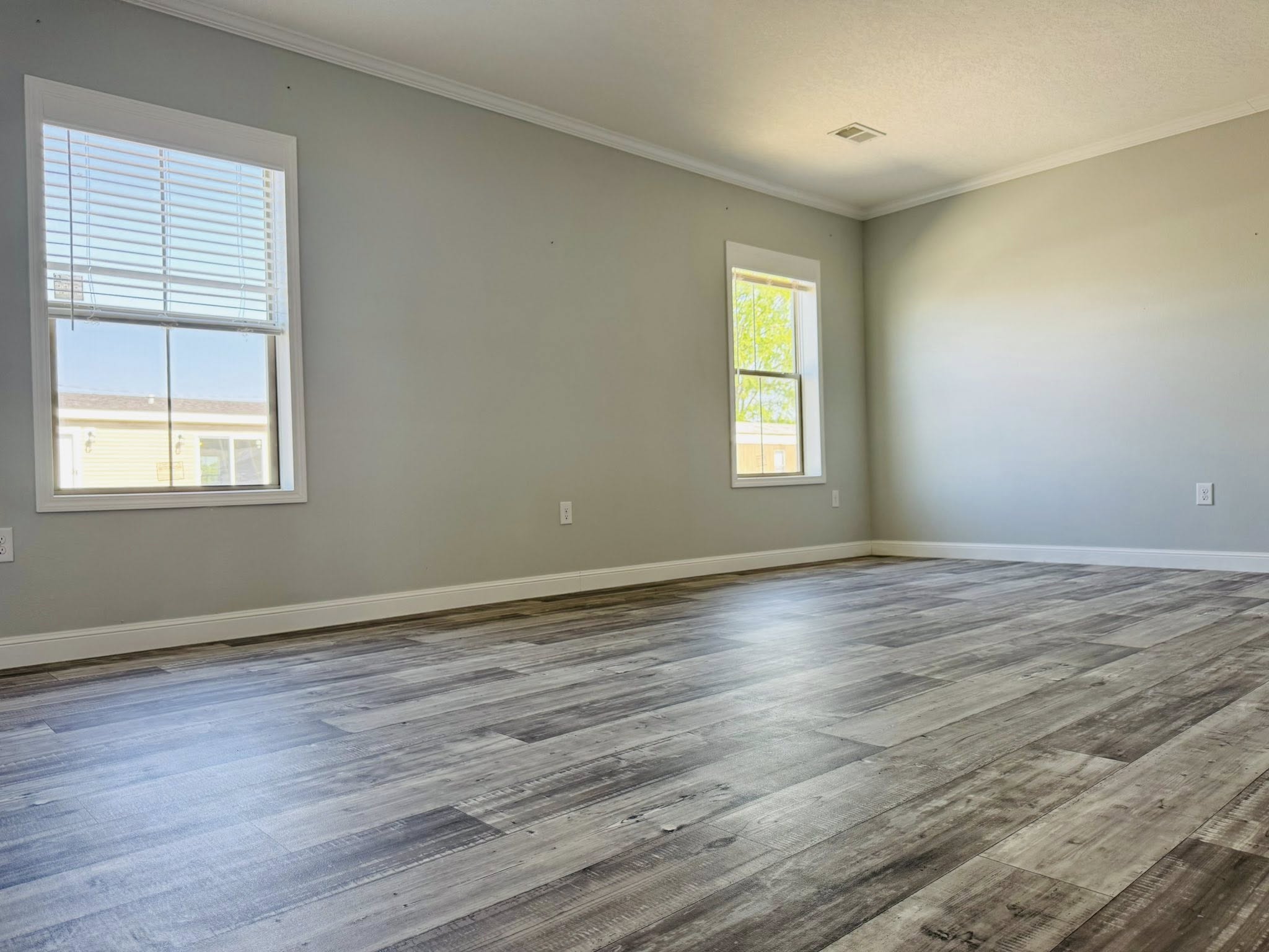 Spacious empty room with light gray walls, wood-look flooring, and two windows letting in natural light, creating an airy and serene ambiance.