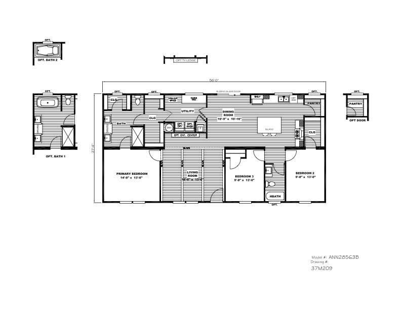 Floor plan of a three-bedroom home featuring a primary bedroom, two additional bedrooms, living room, dining room, kitchen, utility room, and two bathrooms.