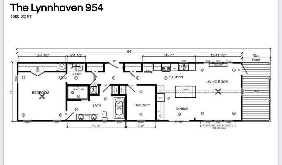 Floor plan of the Lynnhaven 954, 1088 sq ft. Includes bedroom, flex room, kitchen, living room, dining area, bath, utility room, and optional porch.