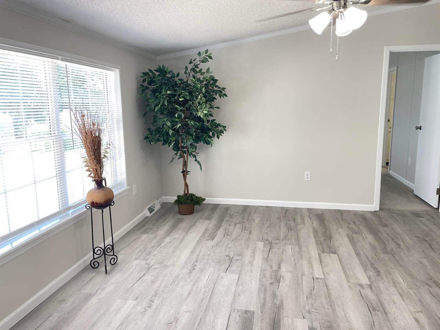 A minimalist, bright room with light gray wood flooring and neutral walls. Features include a potted tree, dried plant on a stand by a large window, and ceiling fan.