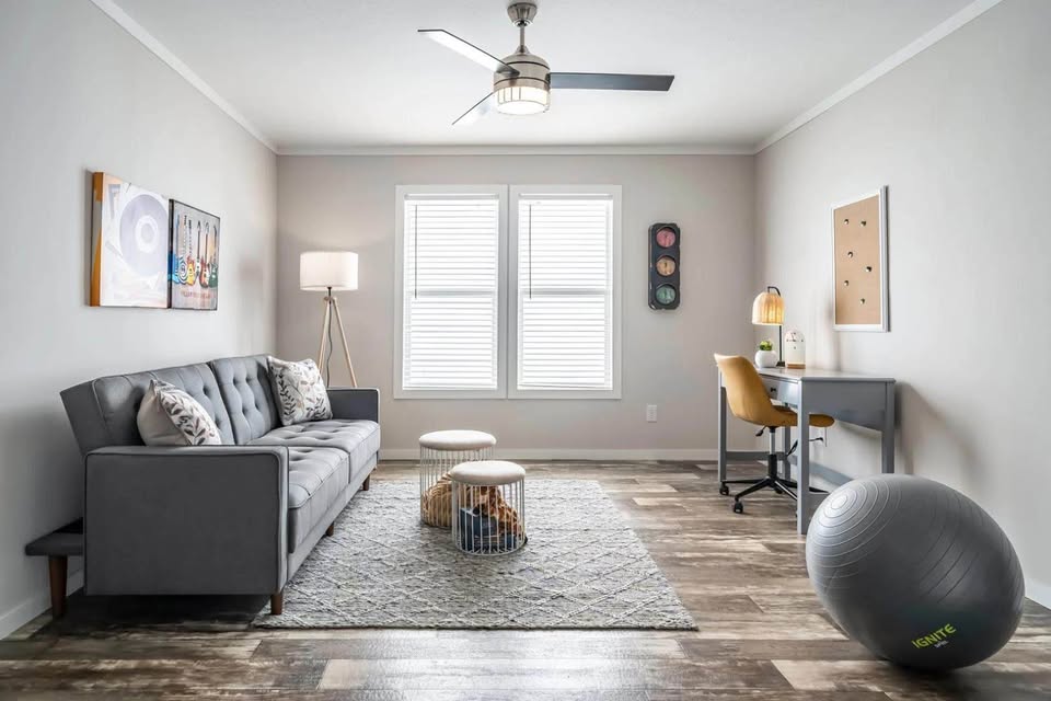 Modern, bright living room with gray sofa, patterned cushions, and abstract artwork on walls. Wooden desk with lamp, yoga ball, and cozy decor. Calm ambiance.