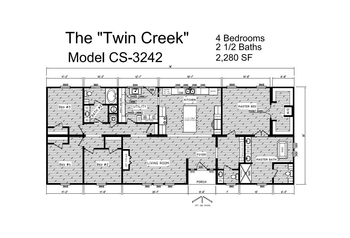 Floor plan for the "Twin Creek" model CS-3242, showing a 4-bedroom, 2.5-bath layout spanning 2,280 square feet with labeled rooms and features.