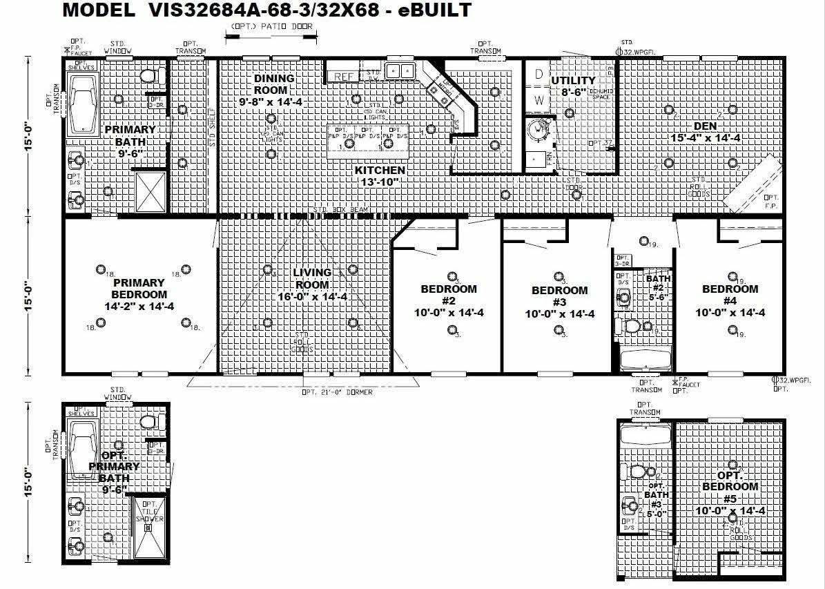 Floor plan of a house showing three bedrooms, a primary bedroom with en-suite bath, living room, dining room, kitchen, den, utility area, and optional rooms.