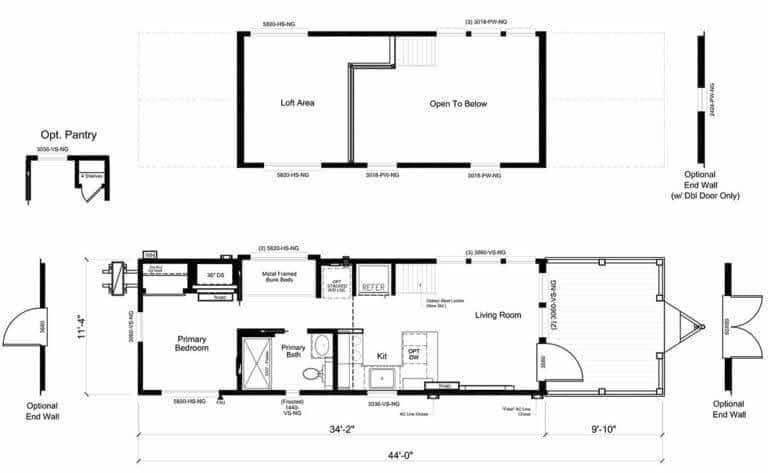 Floor plan with two levels: ground floor shows primary bedroom, bath, kitchen, and living room; upper level has a loft. Optional pantry and end walls included.