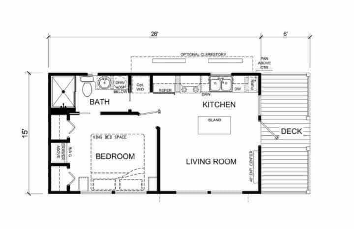 Floor plan of a compact home. Features include a bedroom, bathroom, kitchen with island, living room, and a small deck. Dimensions are 26x15 feet.