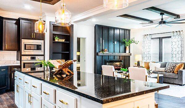 A modern kitchen and living area with a large black granite island, pendant lights, dark cabinets, and cozy living space with a fireplace and plants.