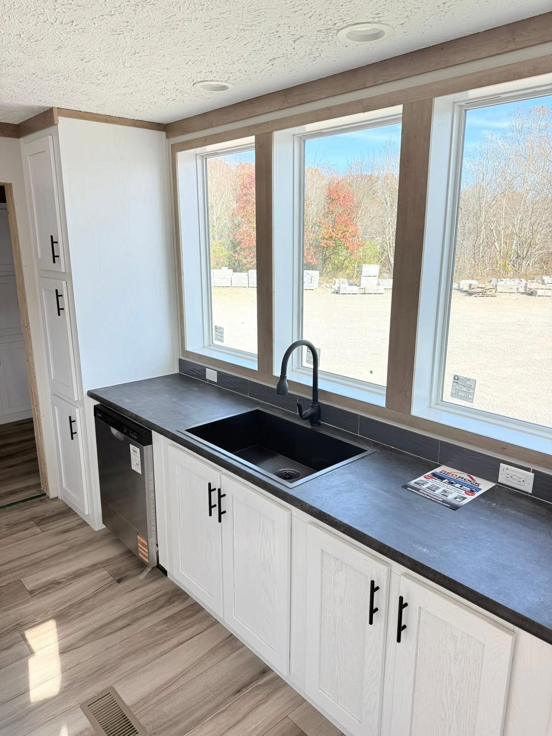 Modern kitchen interior with large windows, white cabinets, a black sink with a sleek faucet, and a dishwasher. Bright and airy atmosphere.