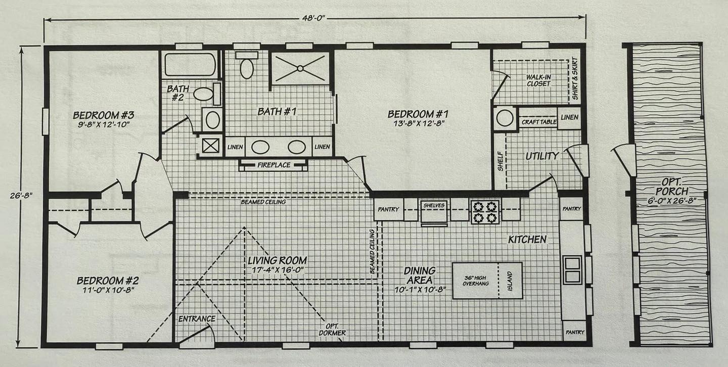 Floor plan of a house with three bedrooms, two bathrooms, a living room, kitchen, dining area, utility room, and optional porch. Rooms labeled with dimensions.
