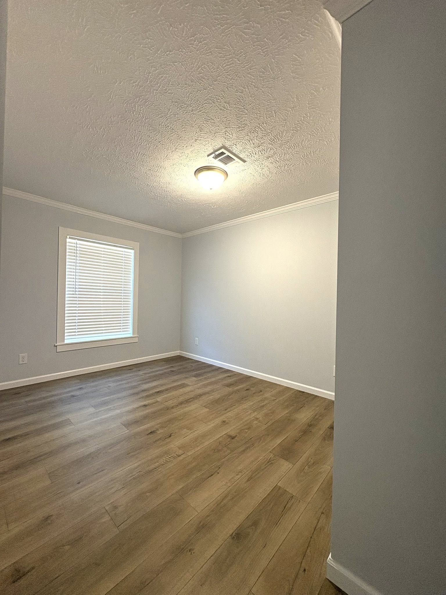 Empty room with light grey walls, wooden floor, and a ceiling light. A window with blinds filters soft light, creating a calm, inviting atmosphere.