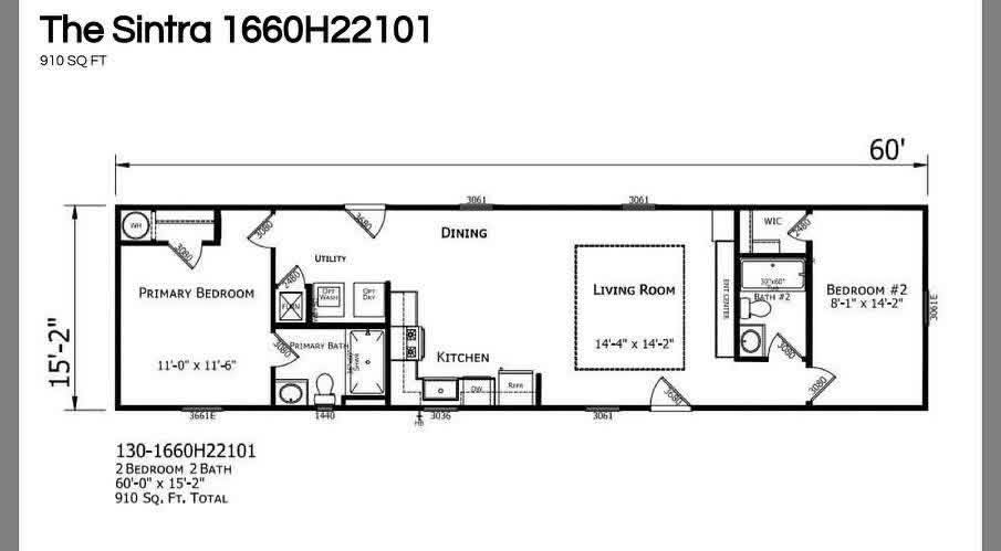 Floor plan titled "The Sintra 1660H22101," featuring a 910 sq ft layout with two bedrooms, two bathrooms, kitchen, dining, and living areas.