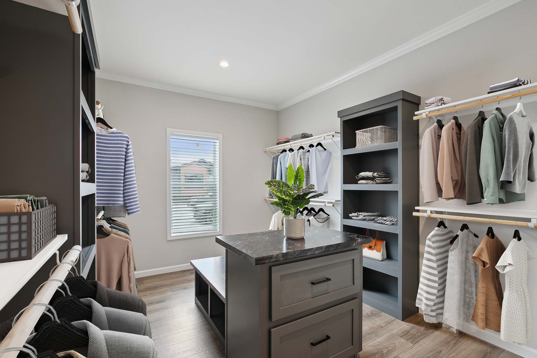 A modern walk-in closet with neatly organized clothes on open shelves and racks, a central island with a potted plant, and soft natural light from a window.