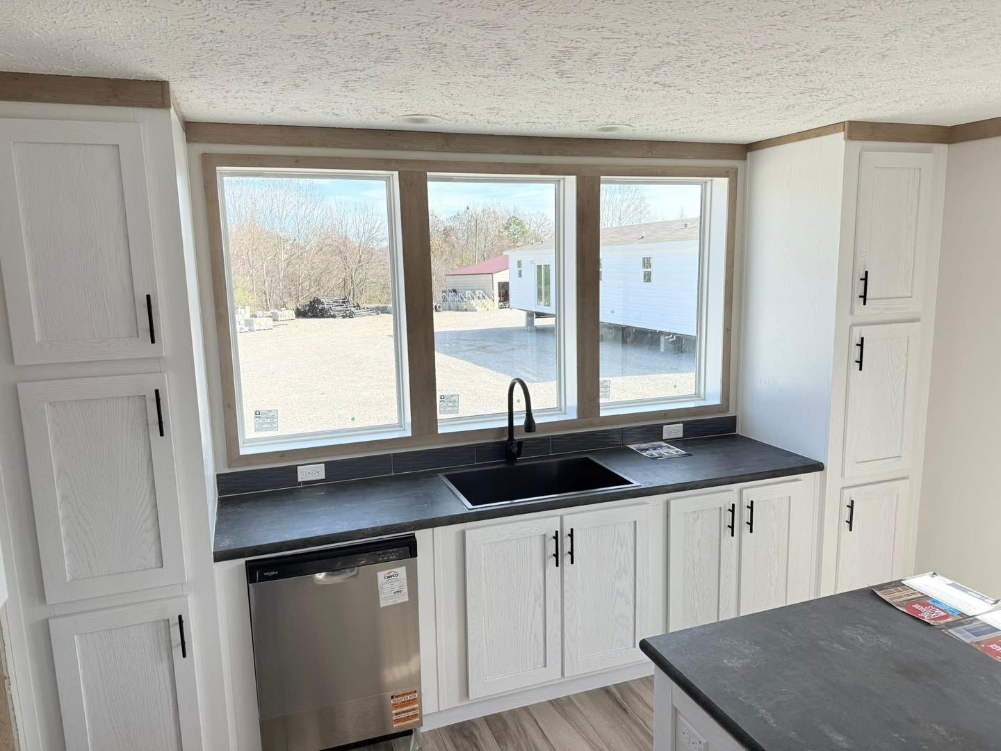 Bright kitchen with large window, black countertop, white cabinets, and a sink. A dishwasher is below the counter. There's a sunny outdoor view.