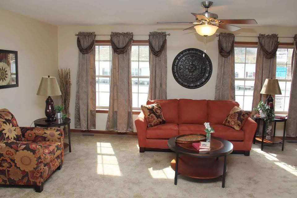 Cozy living room with orange sofa, floral armchair, round coffee table, and patterned curtains framing sunny windows. Warm, inviting atmosphere.