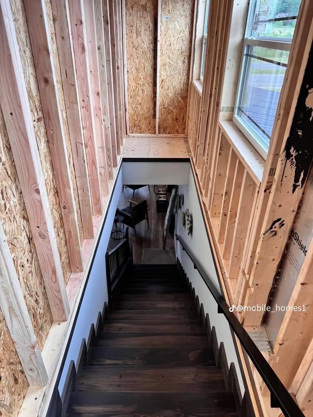 A staircase descends through unfinished wooden walls with visible framing, leading to a cozy, furnished lower level. The tone is warm and inviting.